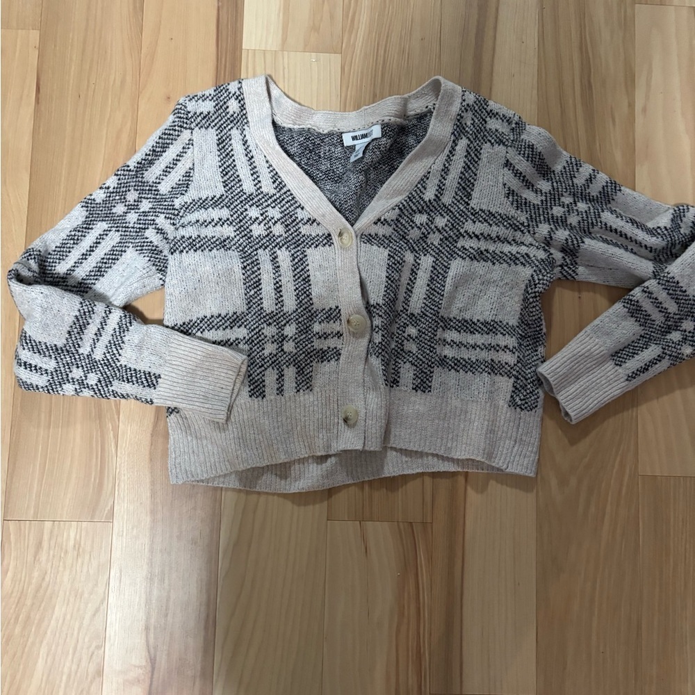 NWOT William Rast Cream and grey plaid cropped cardigan sweater, size large